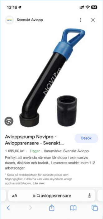 Avloppspump. Svart och blå. Mobilskärmskott. Text. Onlineprodukt. Prisinformation. Sökterm: avloppsrensare.