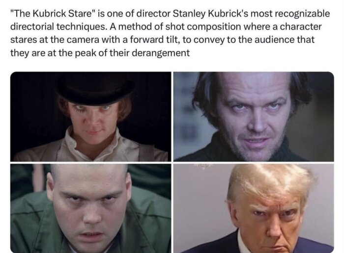 Fyra bilder som visar "Kubrick Stare", en filminnehållsteknik associerad med regissören Stanley Kubrick.