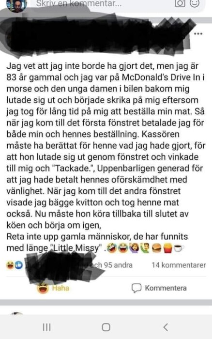 Skärmdump av en Facebook-post där någon berättar en historia om att betala för någon annans mat på McDonald's Drive-In.