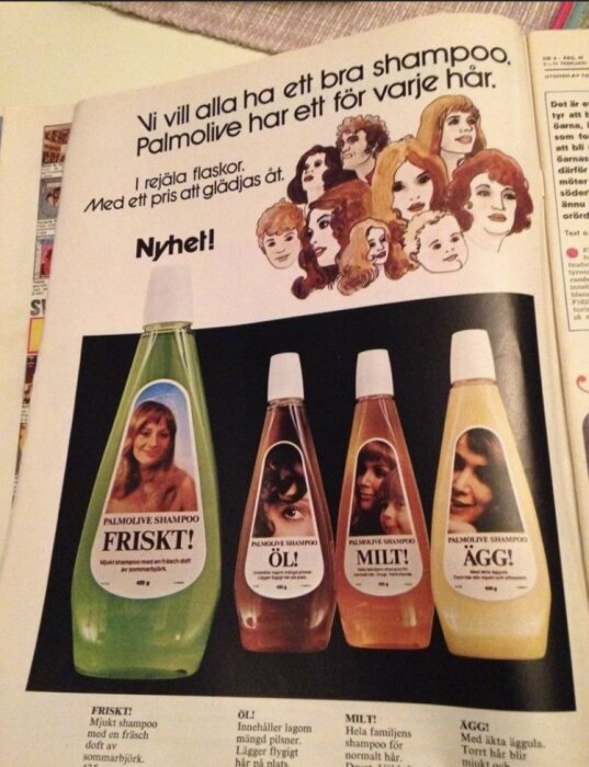 Vintage Palmolive schampo-annonsering, olika sorters hår, färgglada flaskor, tecknade porträtt, "FRISKT!", "OL!", "MJÄLT!", "ÄGG!".