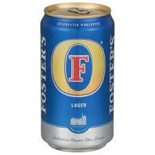 En burk med ölmärket Fosters Lager, blå och gul design, australiensiskt bryggeri.