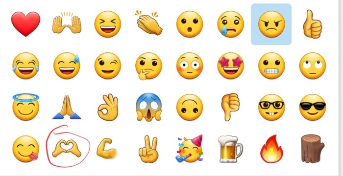 Samling av olika emojis visande känslor, gester, och objekt, markerad handformande hjärta.