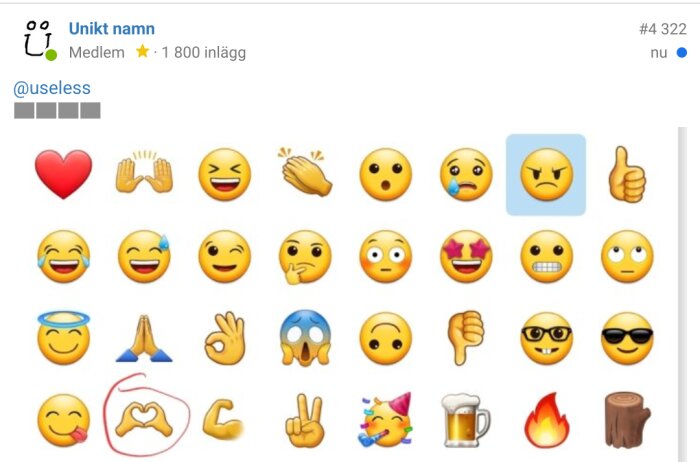 Skärmavbild av kommentarfält med emojis, några emojis är markerade, webbforum eller socialt media.