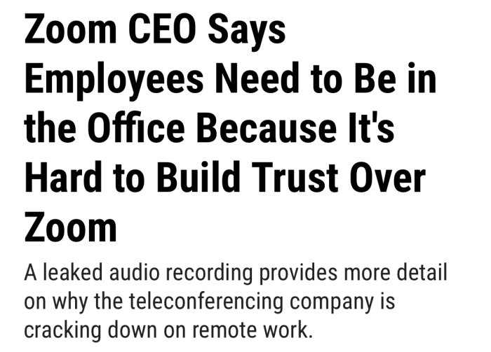 Zooms VD anser anställda bör vara på kontoret för att bygga förtroende, svårt via Zoom, läckt ljudinspelning.