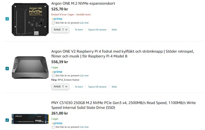 Datortillbehör på nätbutik: expansionskort, Raspberry Pi fodral, och SSD. Priser och specifikationer visas.