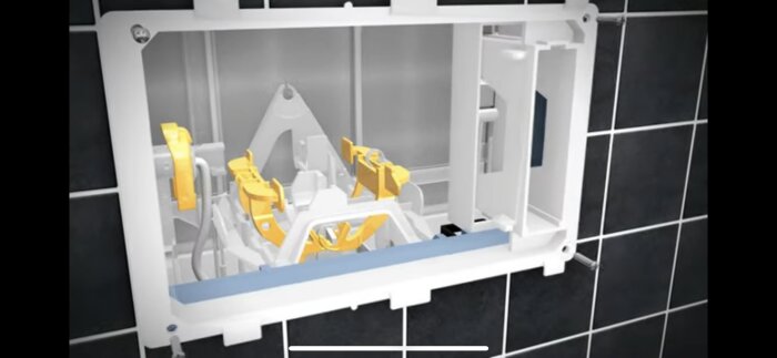 3D-utskrift, industriell, inre detaljvy, mekaniska delar, vit och gul färgschema, modern teknologi.