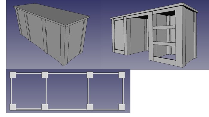 3D-modell av köksö med skåp och hyllor, ritningsvy nedan.