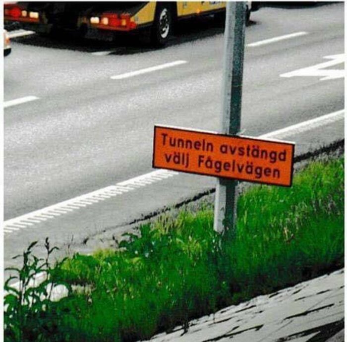 Skylt med text "Tunneln avstängd välj Fågelvägen". Bakgrund: gräs, vägmarkeringar, del av lastbil. Humoristisk ordlek.