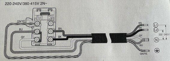 Schema för elektrisk anslutning av flerfassystem, inkluderar färger och kabelförbindelser.