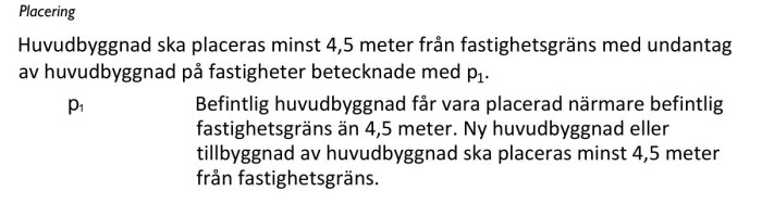 Svensk text om placering av byggnader relaterad till fastighetsgränser, minsta avstånd på 4,5 meter nämns.