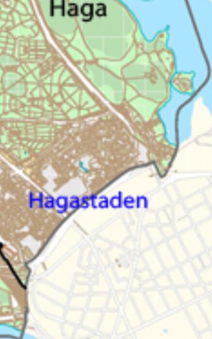 Kartutdrag som visar Haga och Hagastaden, parkområde och stadsdel i Sverige.