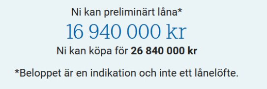 Text med siffror om lån och köpesumma på svenska, notering om att det inte är ett lånelöfte.