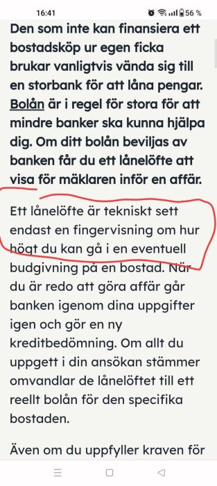 Text om bolån och lån-löfte, ekonomi, bankaffärer, markering med röd penna.