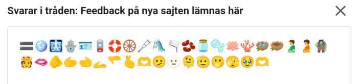 En rad med varierade emojis som representerar objekt, aktiviteter och känslor; instruktioner för feedback längst upp.