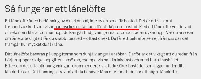 Svensk text förklarar konceptet och processen av att ansöka om ett lånelöfte för bostadsköp.