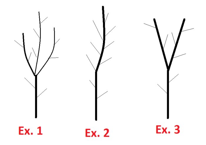Tre stiliserade trädritningar med grenar, uppmärkta 'Ex. 1', 'Ex. 2', 'Ex. 3'.