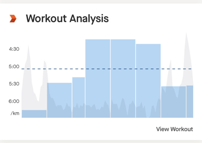 Histogram över träning, tid per kilometer, fluktuerande prestanda, snitt-tid markerad, "Workout Analysis".