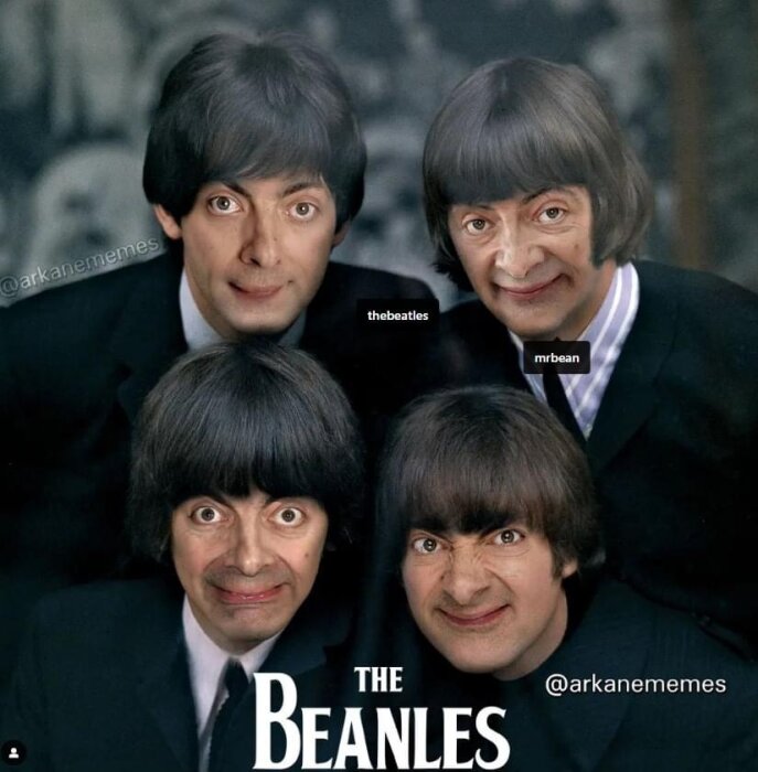 Humoristisk bild: The Beatles medistikonerade ansikten inmonterade på kropparna; ordlek "The Beanles."