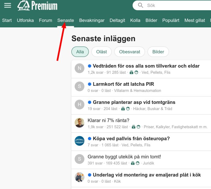 Skärmdump av ett internetforum med flera trådtitlar, en markerad på 'Senaste inlägg' fliken.