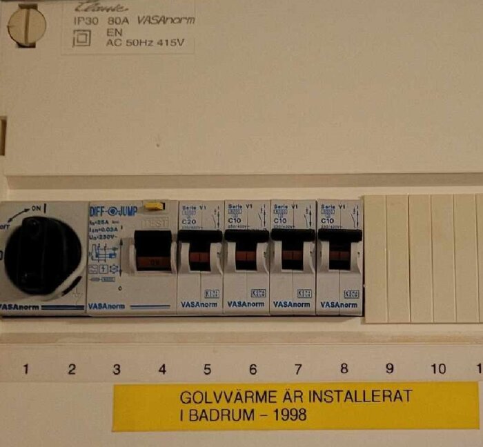 Elcentral med säkringar och skylt: "GOLVVÄRME ÄR INSTALLERAT I BADRUM - 1998".