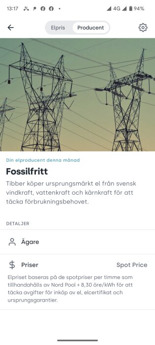 Skärmavbild av mobilapp med elnätsbilder som främjar fossilfri energi från vind-, vatten- och kärnkraft.