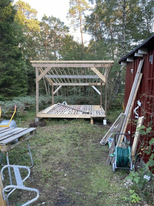 Pågående byggnadsarbete för en trästruktur utomhus, verktyg och byggmaterial synliga, i skogsnära miljö.