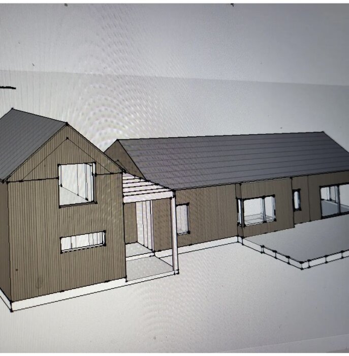 3D-modell av hus med två delar, lutande tak, fönster, carport, ljus bakgrund, möjlig dataskapad ritning.