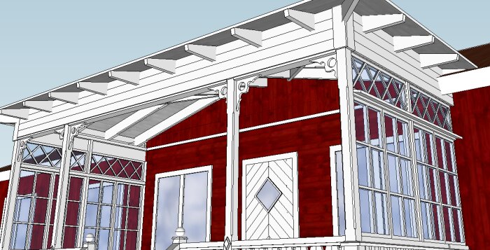 3D-rendering, röd träfasad, vita fönster, pergola, klassiska dekorationer, arkitektonisk illustration, detaljerad design.