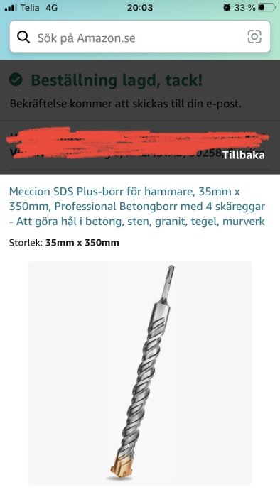 Skärmbild från Amazon.se, bekräftelse på lagd beställning, SDS Plus-borr, 35mmx350mm, betong, sten, granite.