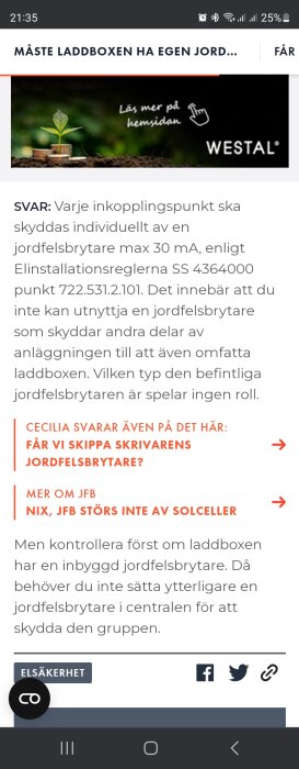 Skärmdump av webbsida, information om elinstallation, laddboxar, jordfelsbrytare, elsäkerhet, och navigeringsikoner.