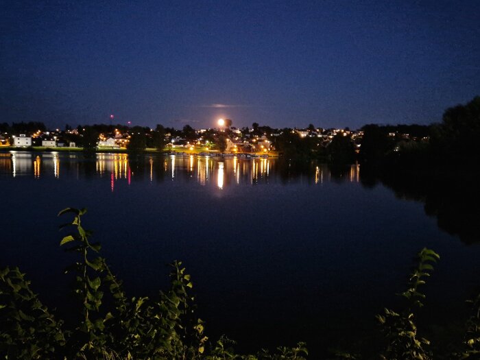 Natt, fullmåne, sjö, reflektioner, stadsljus, vegetation i förgrunden, lugn atmosfär.