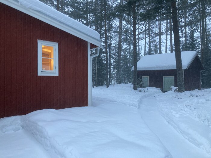 Röd stuga, snö, skymning, skog, fönsterljus, vinter, snöiga stigar, stillhet, ensligt belägen.