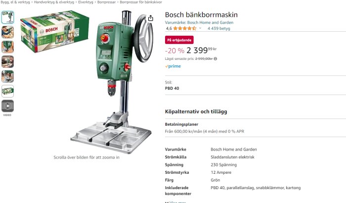 Bosch bänkborrmaskin, grön, sladdansluten, erbjudande, produktinformation, betyg, köpalternativ, förpackningsbild.