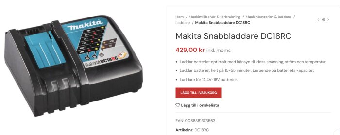 Svart Makita batteriladdare för 14,4V-18V batterier, indikatorlampor, optimerad laddning, 429 kronor, onlinebutik.