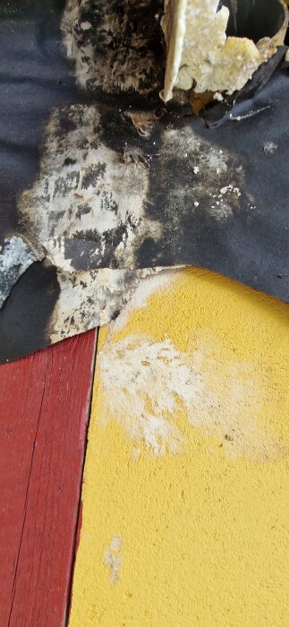 Skadad yta med flagnande gul färg, mögel, svart underlag, och röd trädetalj. Slitna material och strukturell nedbrytning.
