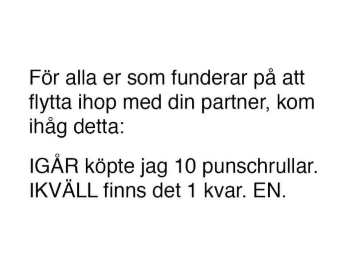 Svart text på vit bakgrund som skämtsamt beskriver delad kost vid samboende: igår tio punschrullar, idag en kvar.