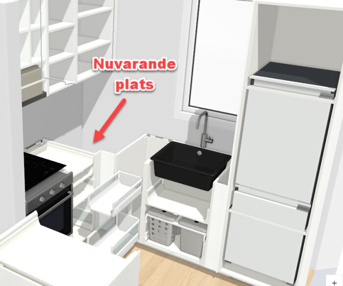 3D-modellering av kök, vita skåp, svart diskho, spis, tomma hyllor, text "Nuvarande plats" med pil.