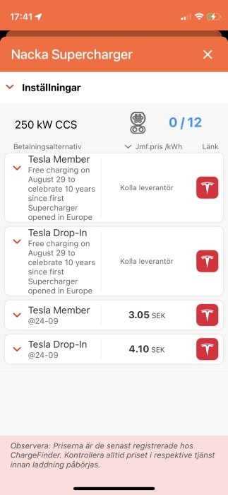 Skärmdump från app; Nacka Supercharger; Tesla laddningspriser; gratistillfälle; svensk text.