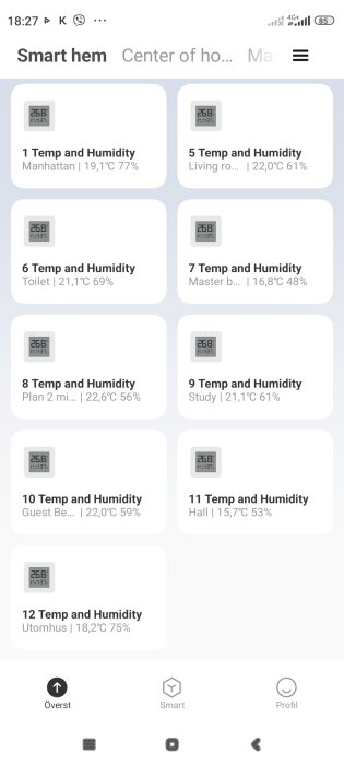 Skärmbild av en smart hem-app som visar temperatur och luftfuktighet i olika rum.