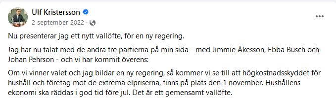 Skärmdump från Facebook, Ulf Kristersson presenterar politiskt löfte, datum och text syns.