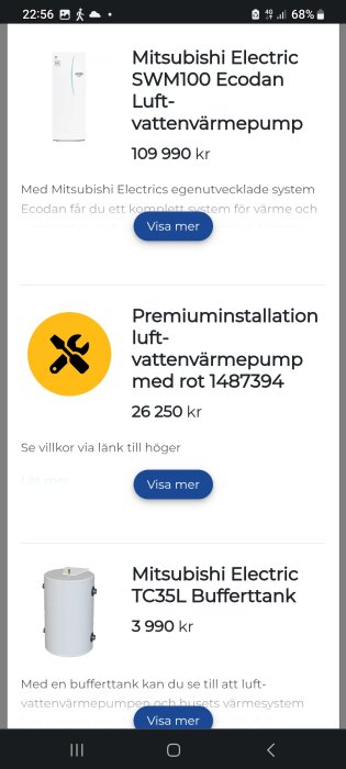 Webbsida visar Mitsubishi Electric luft-vattenvärmepump och bufferttank med priser, beskrivning och 'Visa mer'-knappar.