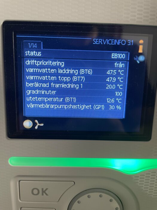 Digital display visar värmesystemstatus med temperaturvärden och driftinformation på svenska, grönt ljus nedtill.