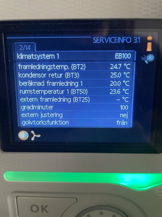 Digital display visar temperaturinformation för olika sensorer i ett klimatsystem.