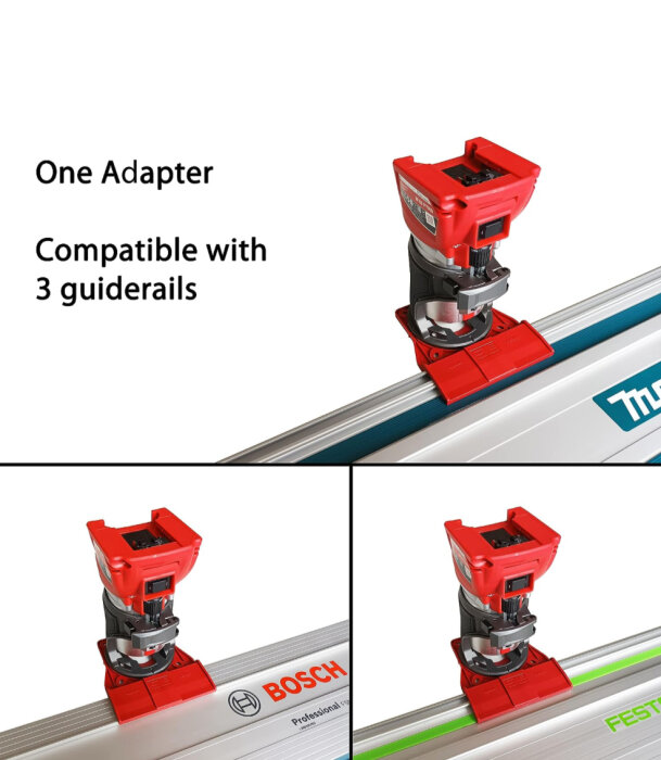 En adapter, visas med tre olika skensystem: Makita, Bosch, Festool. Kompatibilitetsdemonstration, verktygstillbehör.