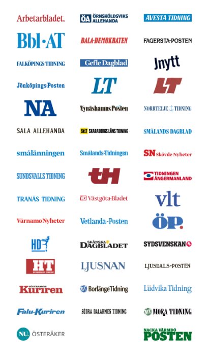Logotyper från olika svenska tidningar i olika färger och typsnitt.