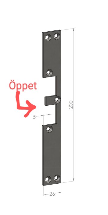 Teknisk ritning av en låskista med måttangivelser och markering för öppet läge.