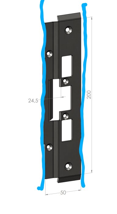 Teknisk ritning av en produkt med måttangivelser, svart på vit bakgrund, blåa linjer runt sidorna.
