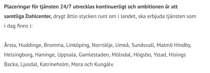 Text på svenska om tjänstens tillgänglighet på olika orter i Sverige.