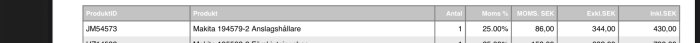 Tabell utdrag; ProduktID och beskrivning; priser med och utan moms i SEK.