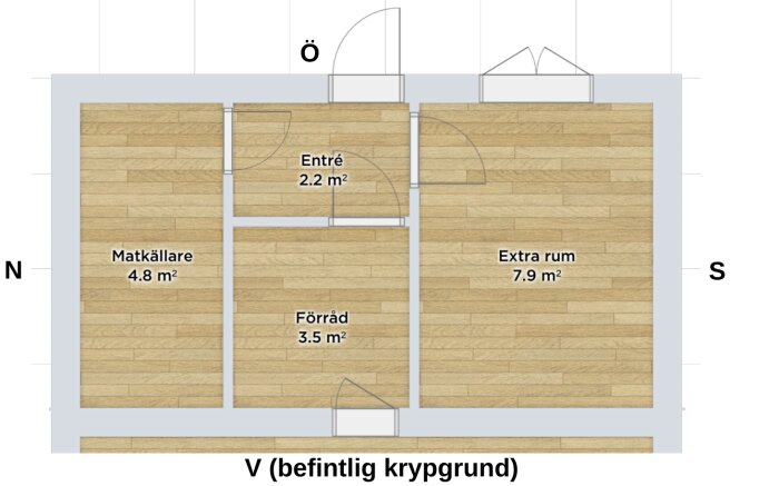 Plantekning av en nivå i en byggnad med rumsbeteckningar och ytmått samt väderstrecksmarkeringar.